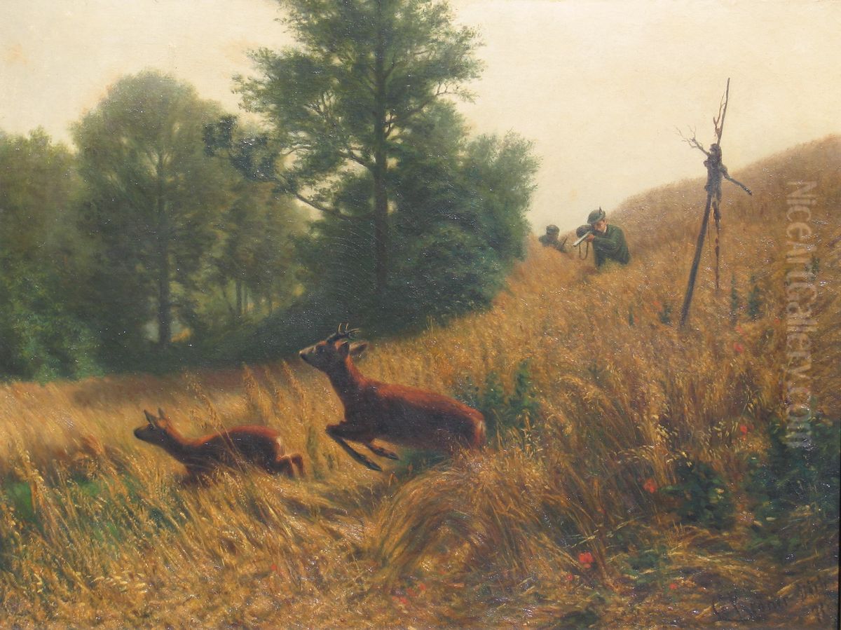 Jagdmotiv mit zwei Rehen Oil Painting by Philipp Ernst