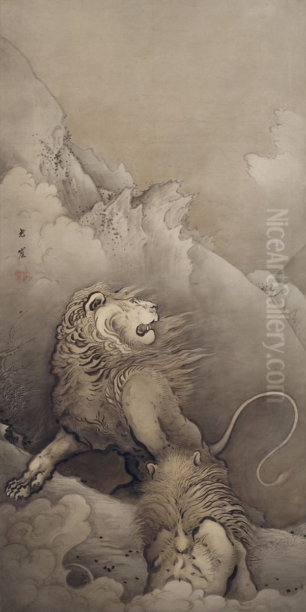 Lions Oil Painting by Kano Hogai