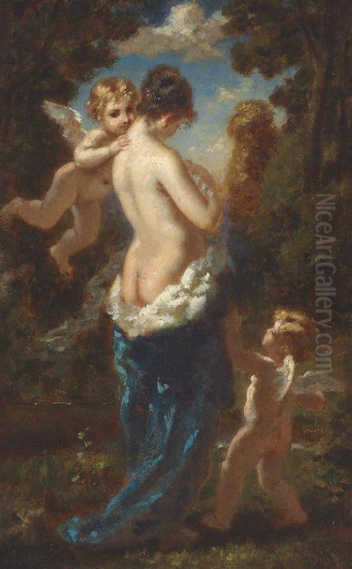 Jeune femme demi-nue, dos de trois-quarts entoure de deux amours Oil Painting by Narcisse Virgilio Diaz