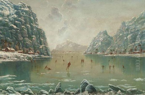Figures skating on a frozen fjord. Oil Painting by Niels H. Christiansen