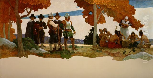 Thanksgiving with Indians Oil Painting by N. C. Wyeth