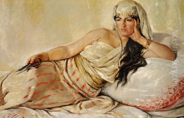 Reclining woman with scissors. Oil Painting by Narciso Sentenach y Cabanas
