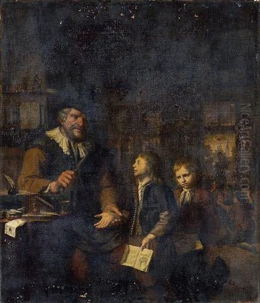 Bachelor punishing two pupils Oil Painting by Krzysztof Lubieniecki