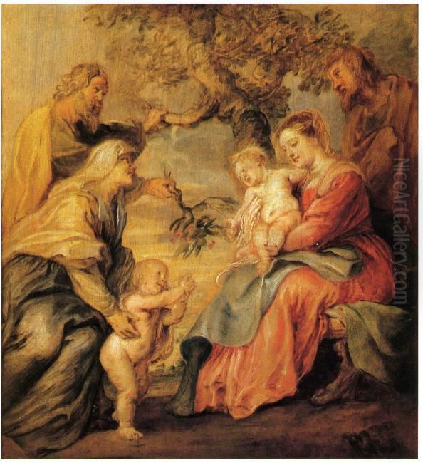The holy family under the apple-tree with Saint John the baptist, Elizabeth and Zacharias Oil Painting by (studio of) Rubens, Peter Paul