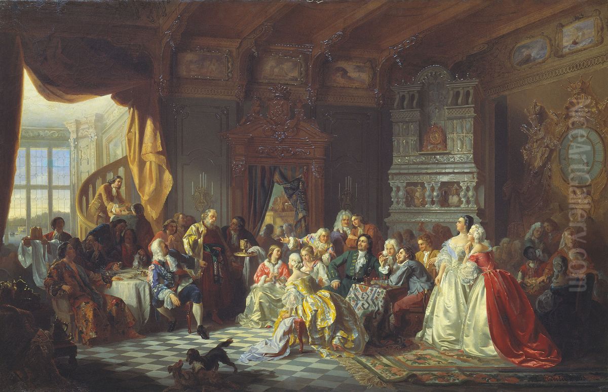 Tsar Peter I and his court Oil Painting by Stanislaw Chlebowski