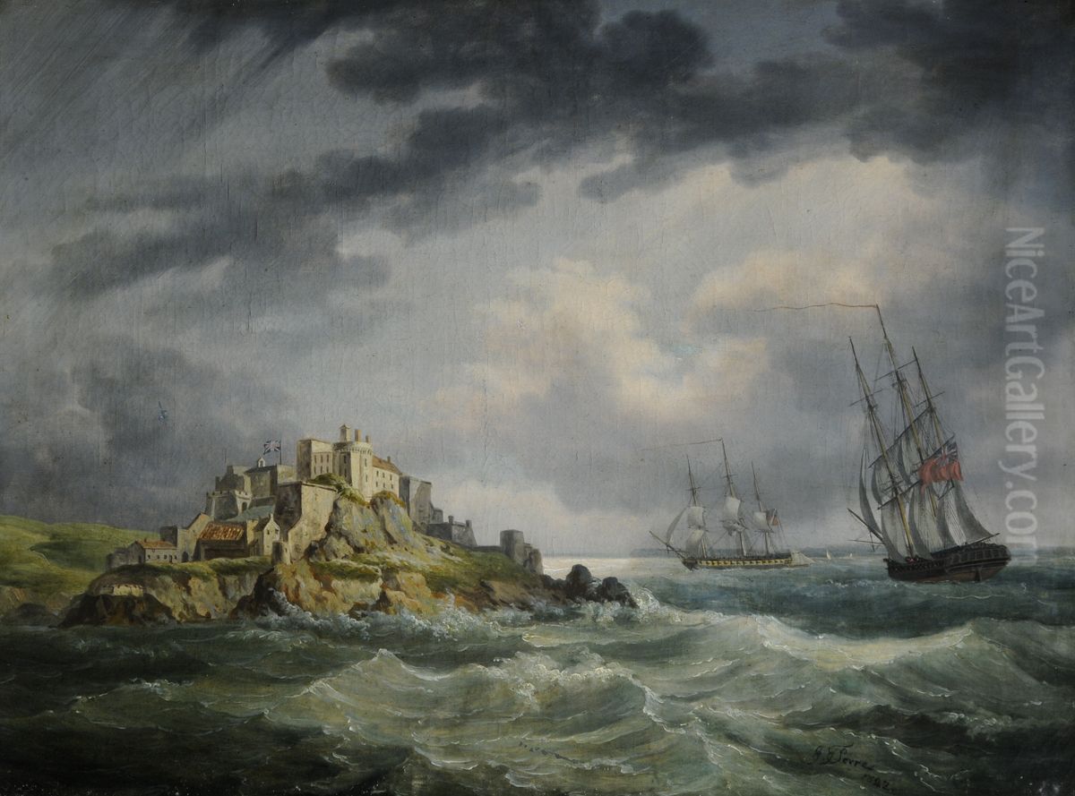 HM FrigatesSeahorseandCerebus, off Mont Orgueil Castle, Jersey Oil Painting by John Thomas Serres