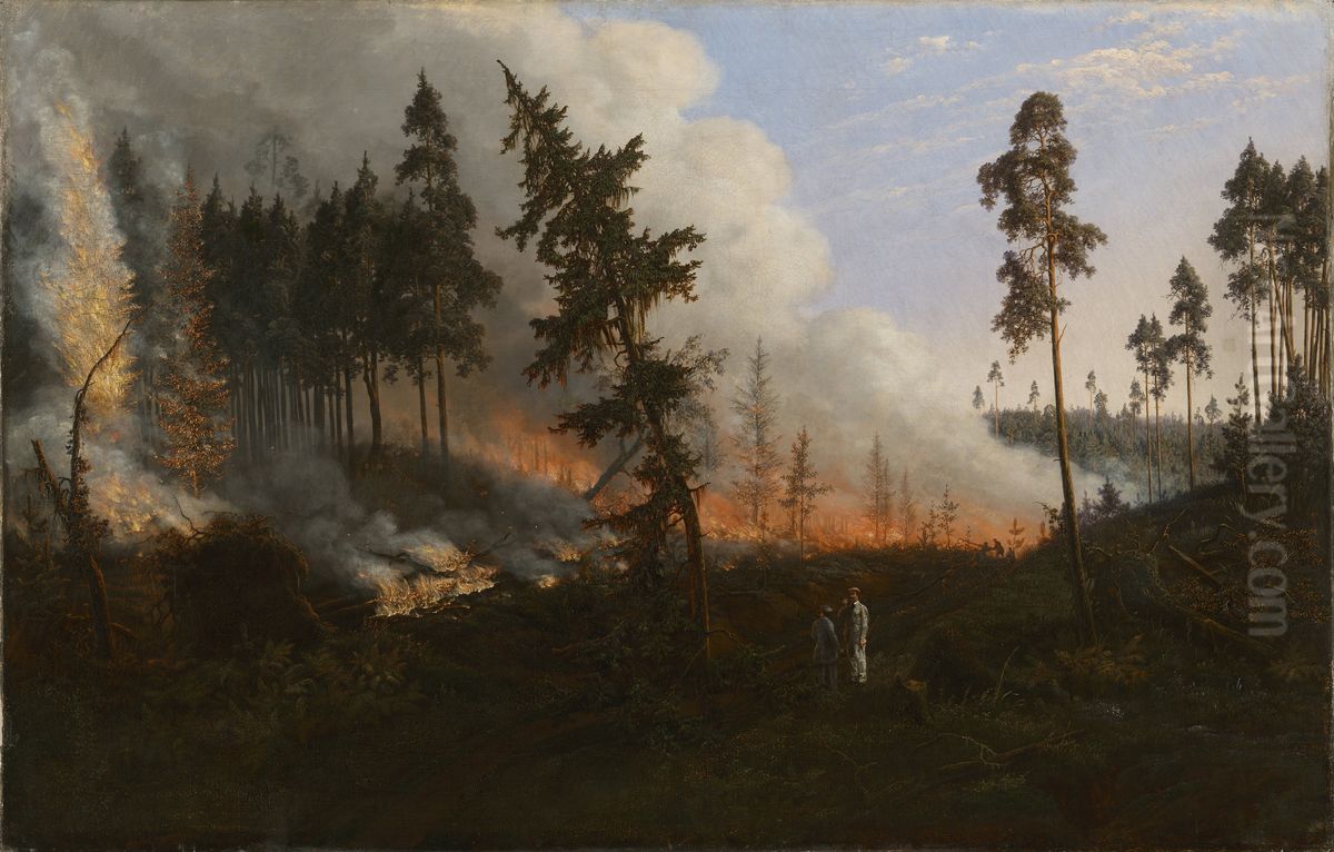Forest fire Oil Painting by Wincenty Dmochowski