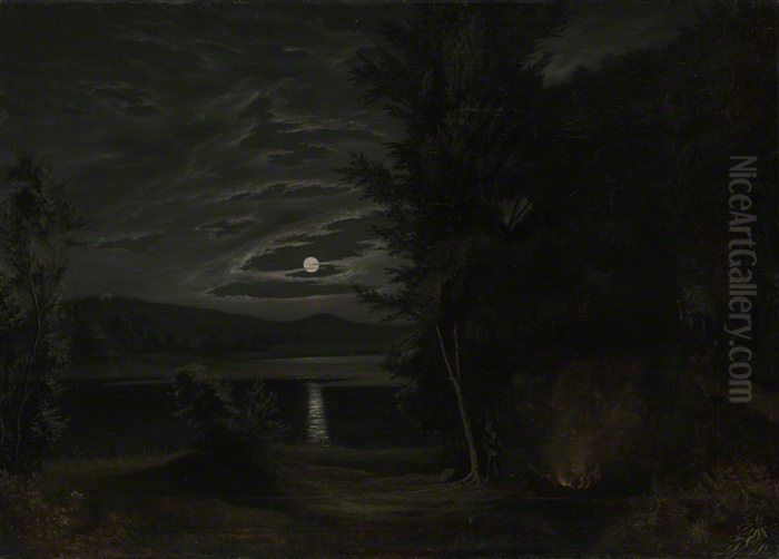 Moonlight and campfire Oil Painting by Wincenty Dmochowski