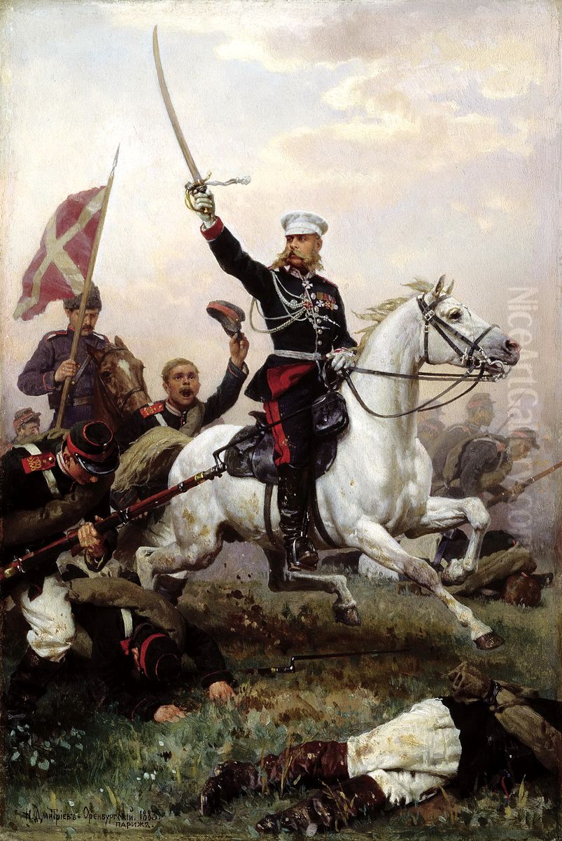 General M.D.Skobelev on his horse in the Russo-Turkish war 1877/78 Oil Painting by Nikolai Dmitriev-Orenburgsky