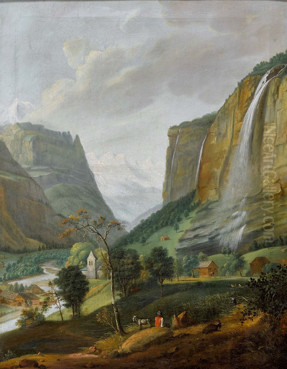 Lauterbrunnental mit Staubbach. Oil Painting by Johann Ludwig Aberli