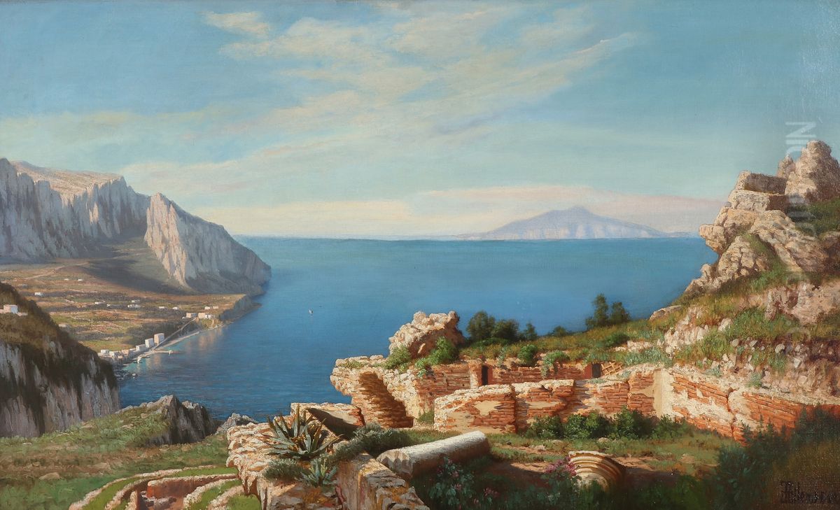 Landscape from Italy with view of a bay. Oil Painting by Eiler Rasmussen Eilersen