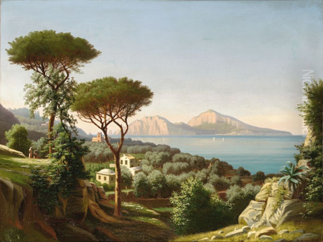 Capri seen from Capo di Monte, Sorrento on a warm, quiet morning in September. Oil Painting by Eiler Rasmussen Eilersen