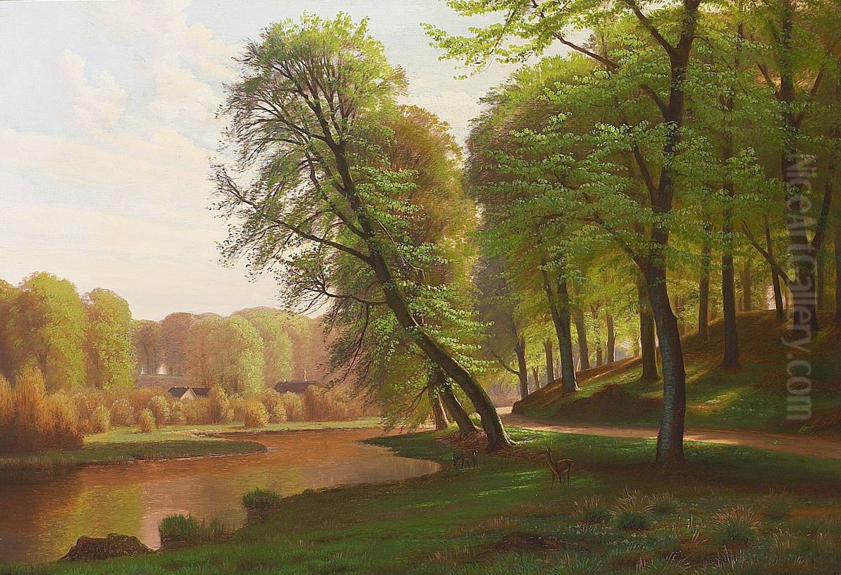 Forest view with a lake and some game. Oil Painting by Eiler Rasmussen Eilersen
