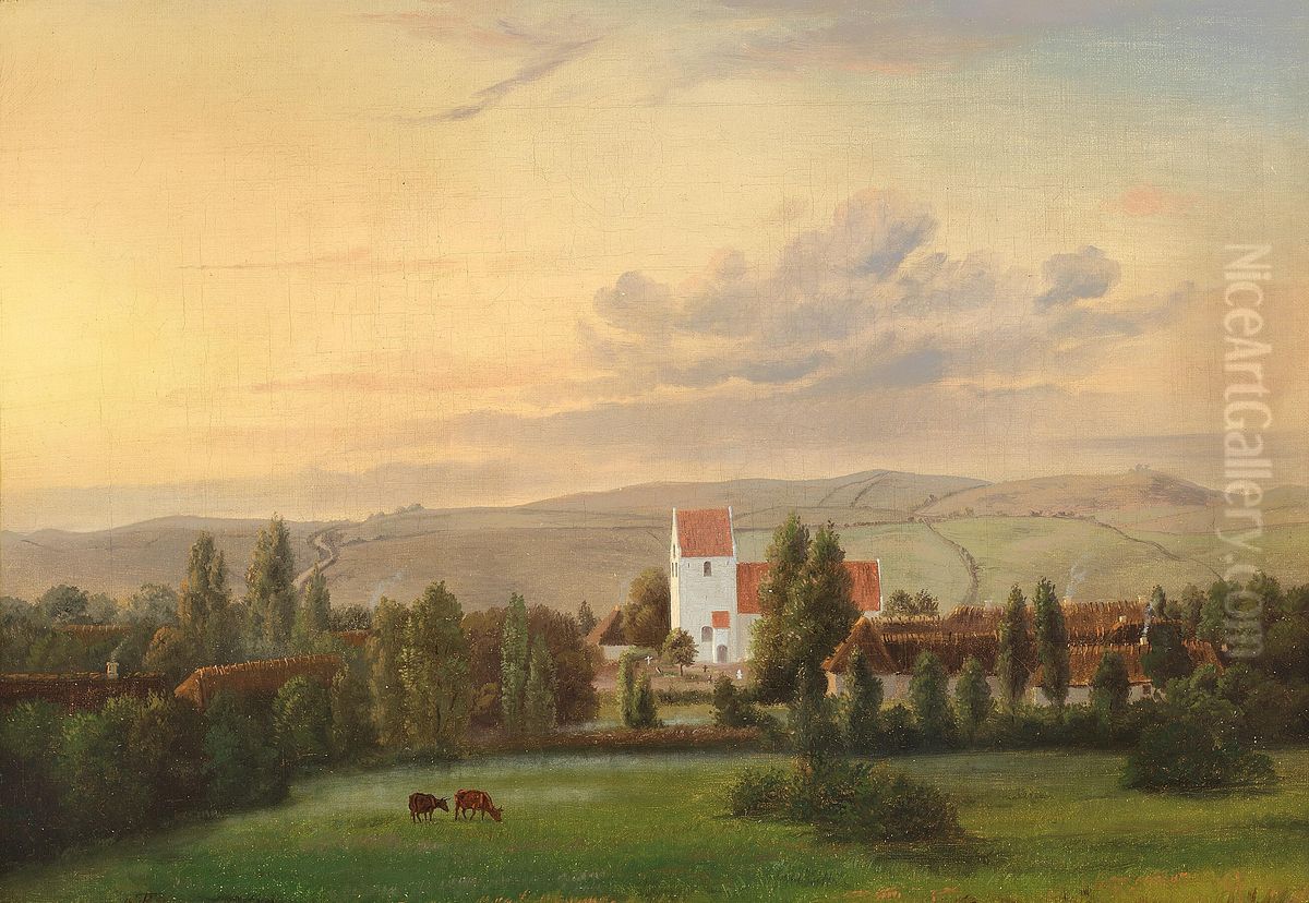 Landscape on Funen at sunset. Oil Painting by Eiler Rasmussen Eilersen