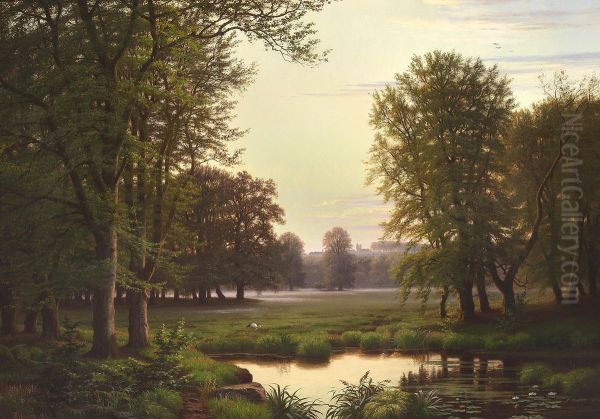 Woodlands with a stork by a pond. Oil Painting by Eiler Rasmussen Eilersen