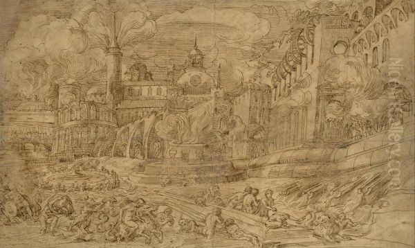 Scene De Deluge Dans Une Ville Fortifiee Oil Painting by Domenico Campagnola
