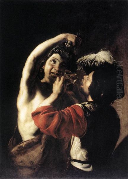 Bacchus and a Drinker Oil Painting by Bartolomeo Manfredi
