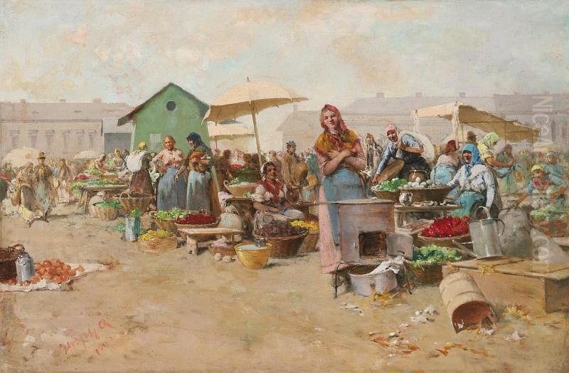 Market Oil Painting by Arpad Cserepy