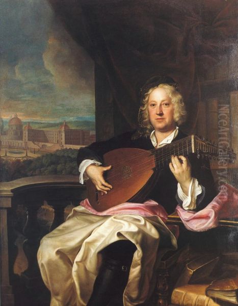 Portrait of Johann Adam Graf von Questenberg (1678-1752), in the background his palace in Jaromerice Oil Painting by Jan Kupecky