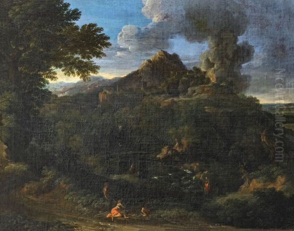Tivoli fireFrancais:Incendie de TivoliItaliano:Fuoco di Tivoli Oil Painting by Gaspard Dughet