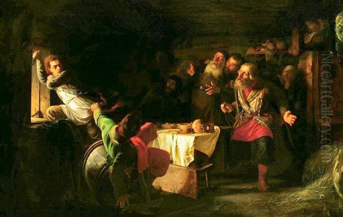 Escape of Gregoriy Otrepyev  from Inn on the Lithuanian Border . Oil Painting by Grigoriy Myasoyedov