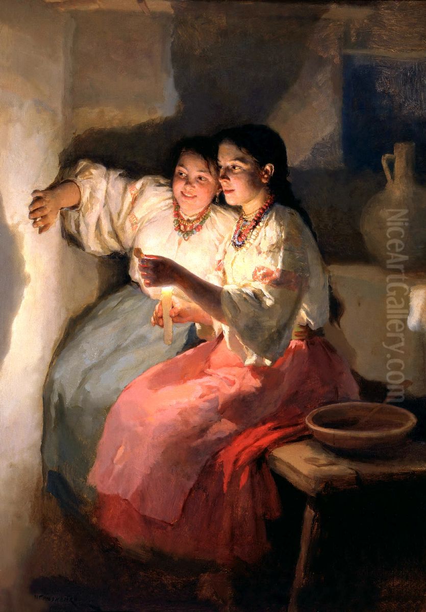 YuletideFortune Tellers Oil Painting by Mykola Pymonenko
