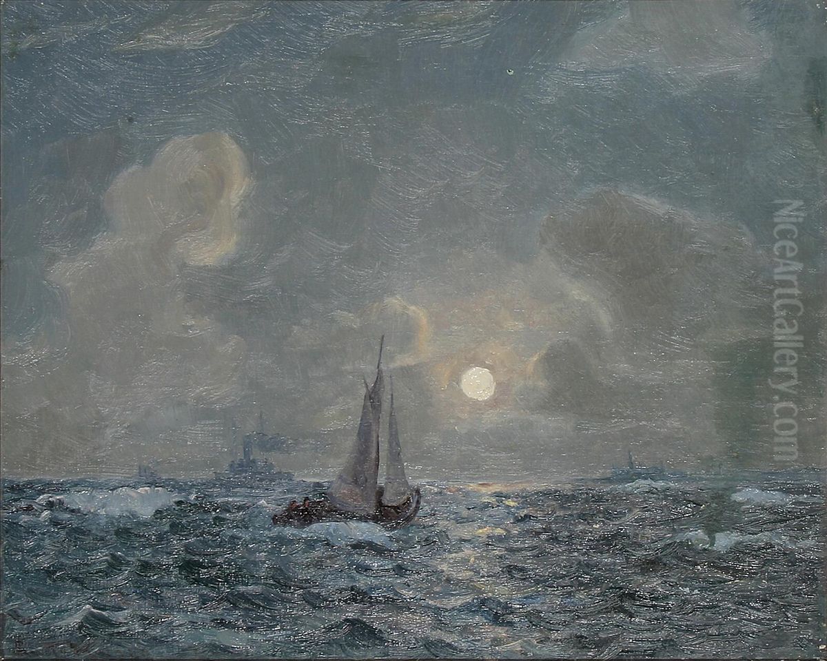 Ships on a moonlit sea. Oil Painting by Ludvig Christian Mogelgaard