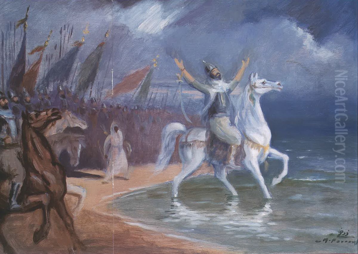 'Oqba ben Nafi' Devant L' Ocean Atlantique. Oil Painting by Moustafa Farroukh