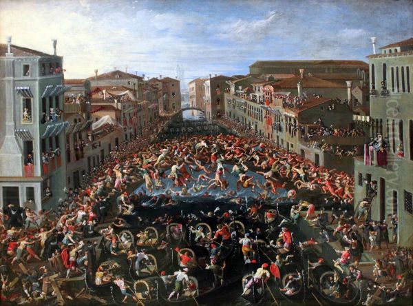 Wettstreit auf der Ponte de' Pugni in Venedig Oil Painting by Joseph Heintz the Younger