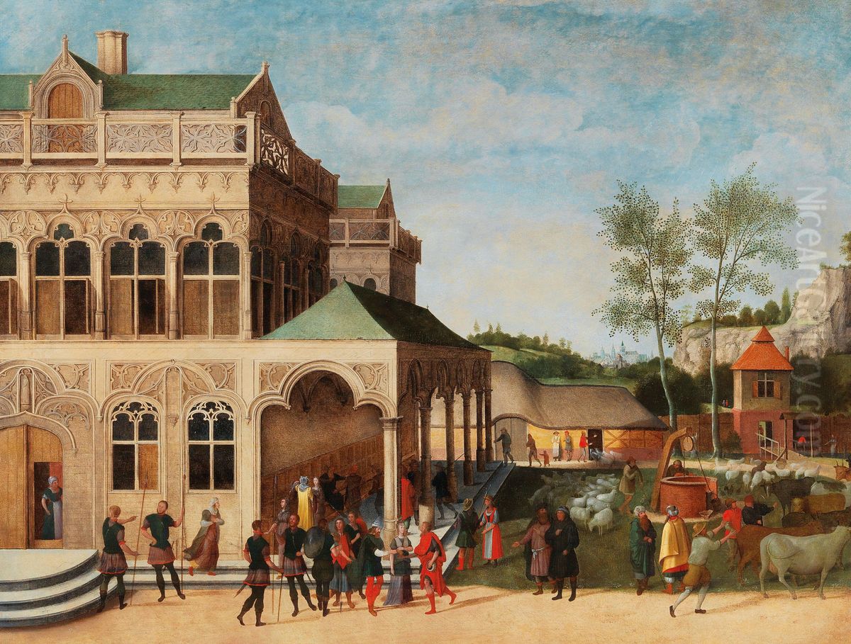 An elegant loggia with the Proposal of Isaac to Rebecca Oil Painting by Abel Grimmer