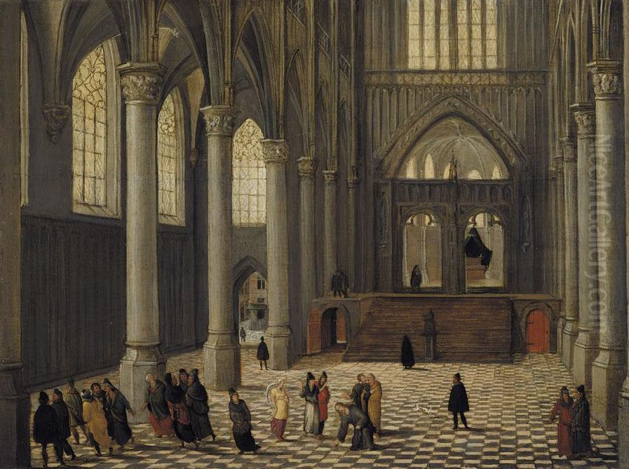 Church interior with Christ and the woman taken in adultery Oil Painting by Abel Grimmer