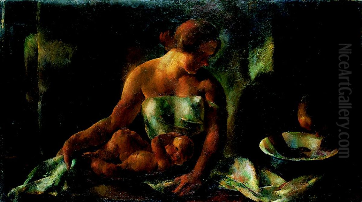 Bath (Family) Oil Painting by Vilmos Aba-Novak