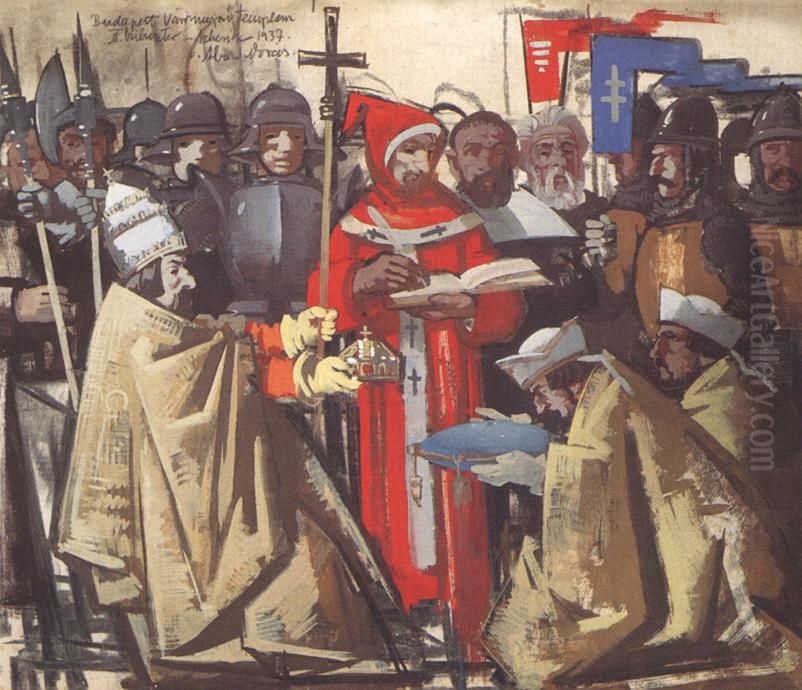 Pope Sylvester II and Abbot Asztrik Oil Painting by Vilmos Aba-Novak