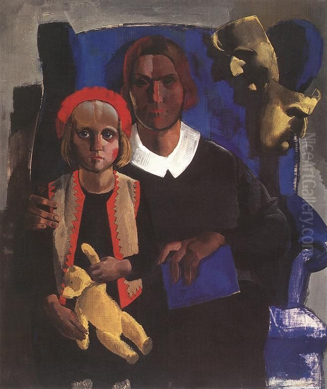 The Artist's Wife and Daughter Oil Painting by Vilmos Aba-Novak