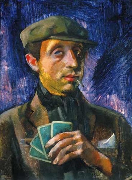 The card-player Oil Painting by Vilmos Aba-Novak