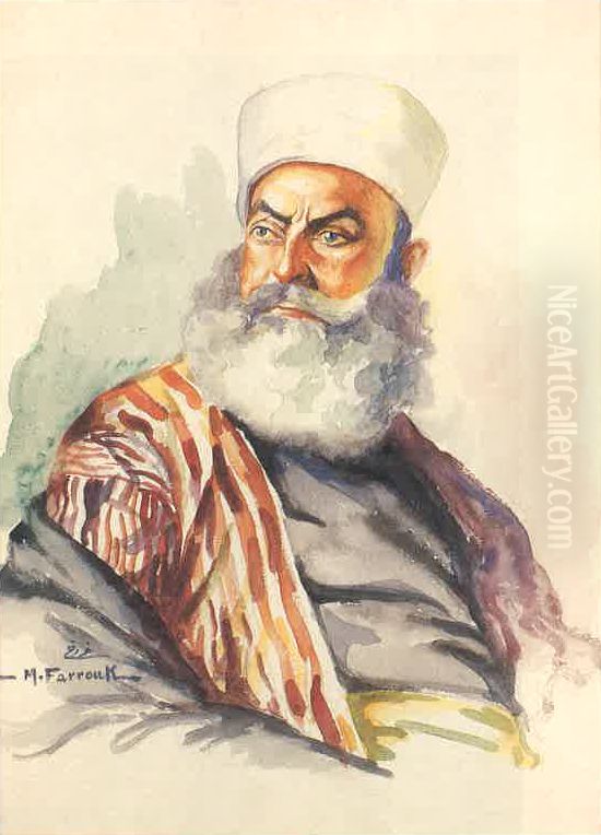 A Druze Sheikh from the Mala'eb Family of Bayssour. Oil Painting by Moustafa Farroukh