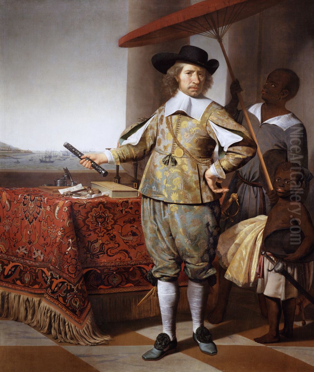 Portrait of Wollebrand Geleynsz de Jongh (1594-1674), with a servant and a child Oil Painting by Caesar Van Everdingen