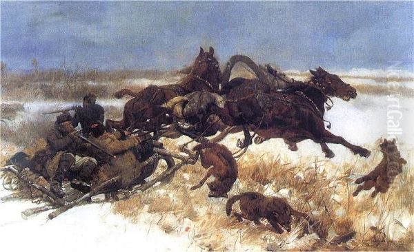 Wolves attack Oil Painting by Jozef Chelmonski