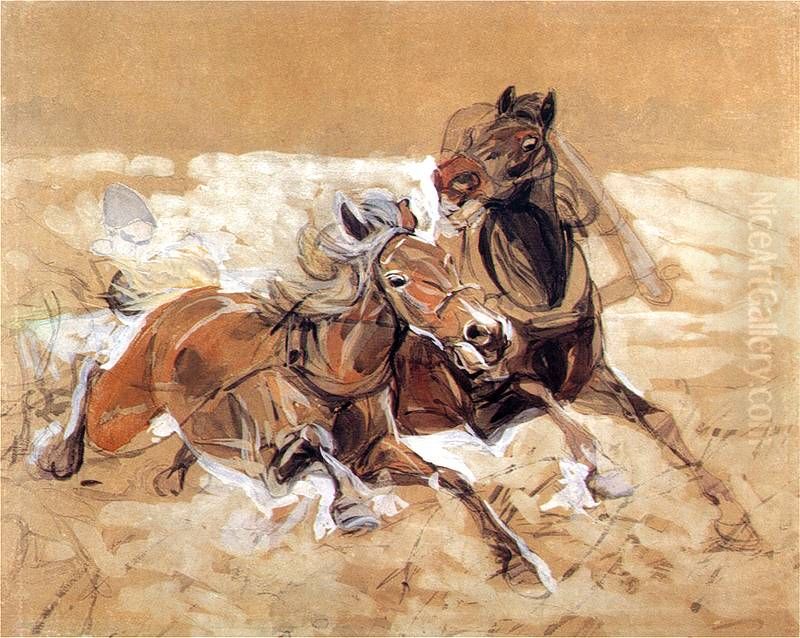 Horses draft to paintingWolves attack Oil Painting by Jozef Chelmonski