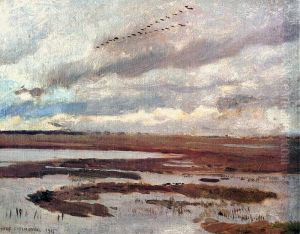 Cranes, landscape from meadow