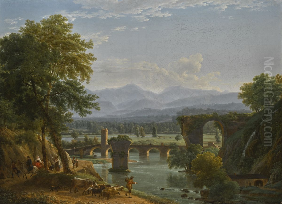 The Augustus bridge over the river Nera, near the city of Narni, Italy Oil Painting by Jean-Joseph-Xavier Bidauld