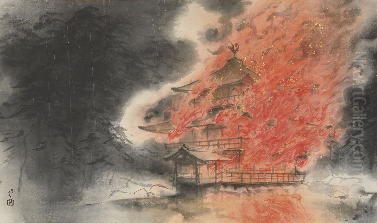 Kinkakuji-Temple on Fire Oil Painting by Kawabata Ryushi