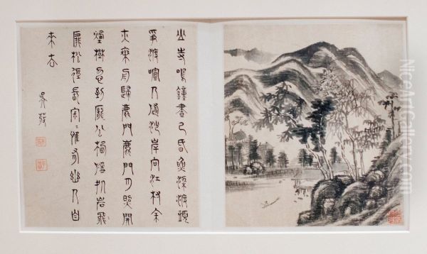 Two album leaves from a landscape album Oil Painting by Li Liufang