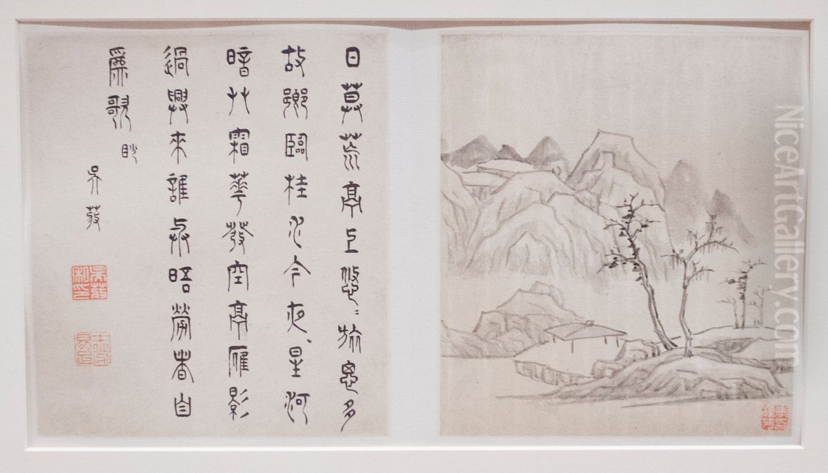 Two album leaves from a landscape album Oil Painting by Li Liufang