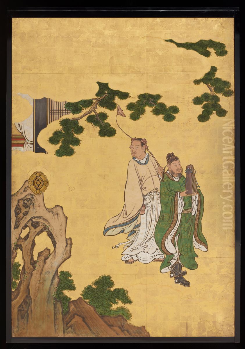 Cao Guojiu (left) and Lan Caihe (right) [left of the set Daoist Immortals] Oil Painting by Kano Sansetsu