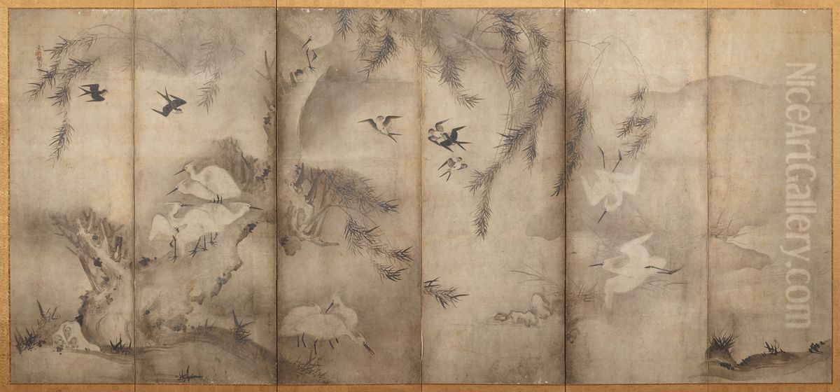 Egrets in Willow [left of the pair Egrets in Plum and Willow] Oil Painting by Sesson Shukei