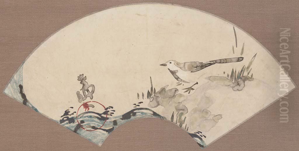 Wagtail and Waves Oil Painting by Nakamura Hochu