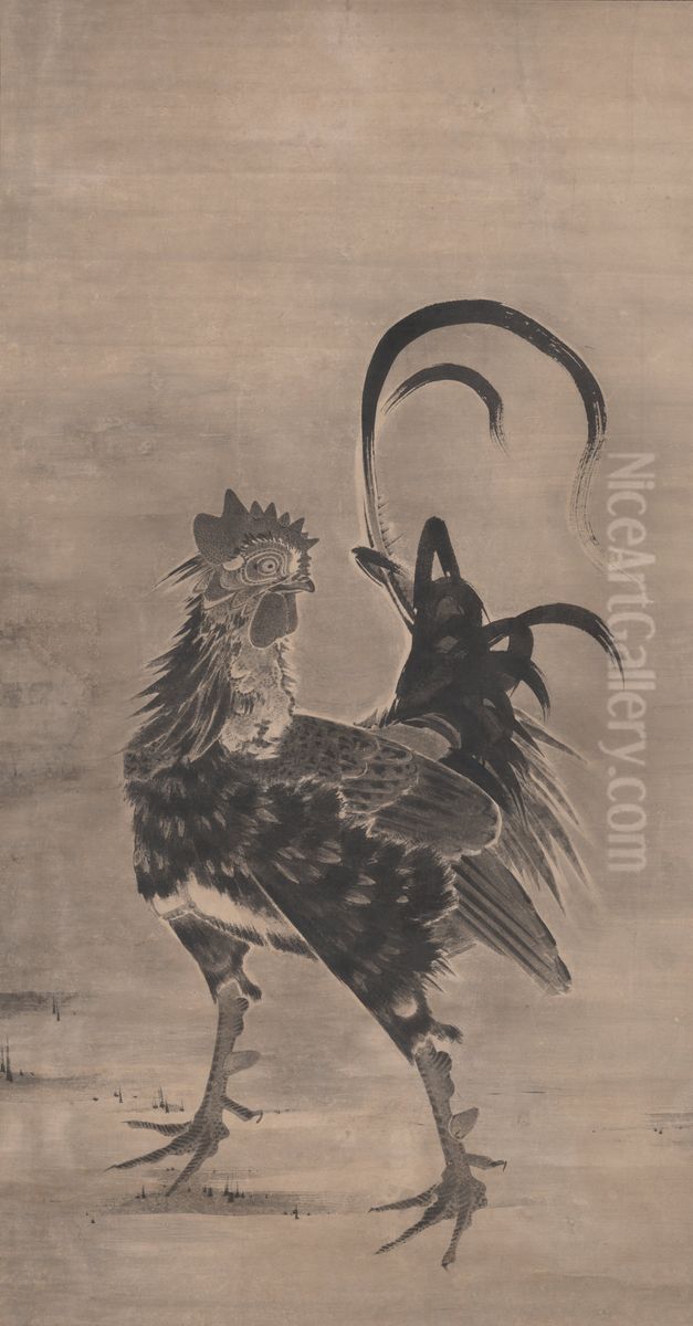 Roosters, Hen, and Chicks [left of a pair] Oil Painting by Ito Jakuchu