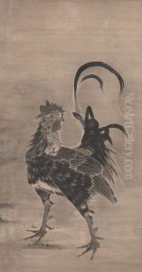 Roosters, Hen, and Chicks [left of a pair]