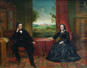 Portrait of John Henry Hakewill and his wife, seated in their library, their stable block visible through the window